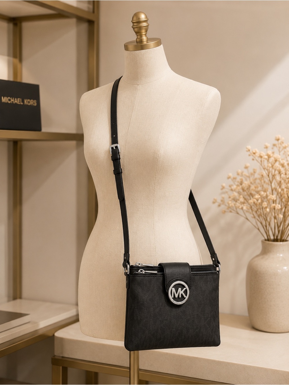 Michael Kors Black Crossbody with Silver MK Emblem